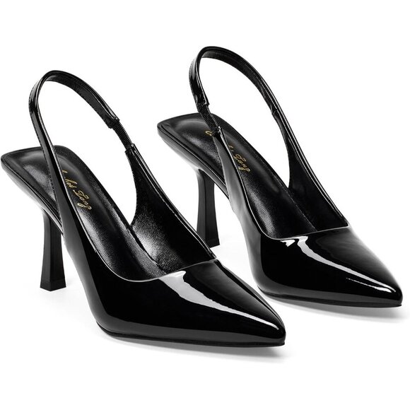 🆕3.14 Women Black Patent Polyurethane Trendy Slingback Stiletto Pumps Heels - Picture 3 of 9